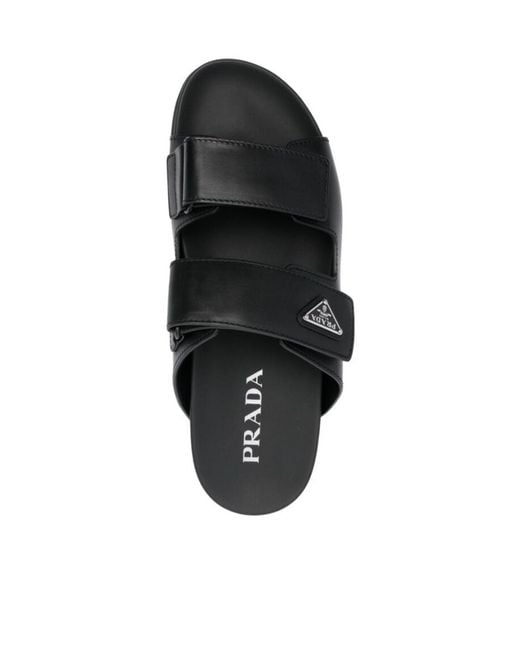 Prada Black Enamel-Triangle Slip-On Sandals for men