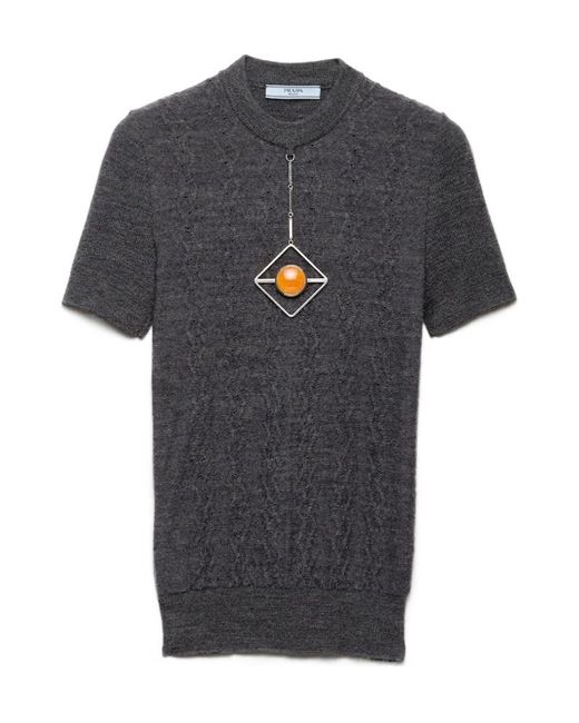 Prada Gray Short-Sleeve Knit Sweater With Pendants