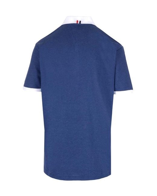 Thom Browne Blue Logo Patch Stripe-Detailed Polo Shirt for men