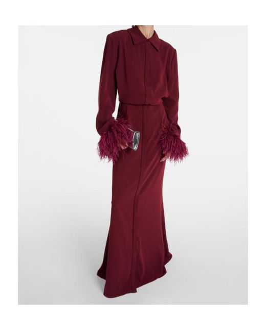 Roland Mouret Red Feather-Trimmed Crepe-Satin Shirt Dress