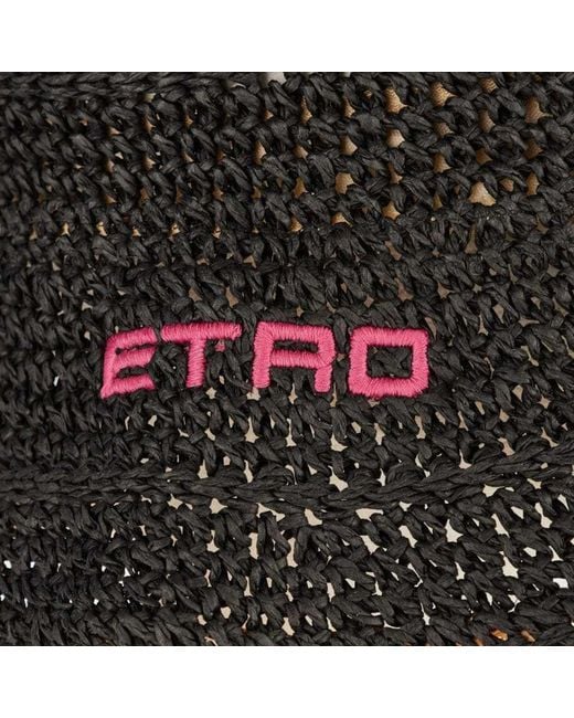 Etro Floral-Embroidered Raffia Bucket Hat