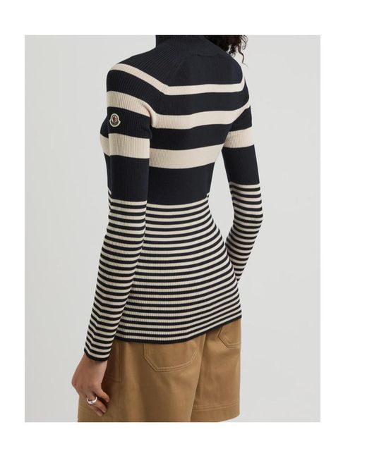 Moncler Blue Striped-Intarsia Ribbed Wool Top