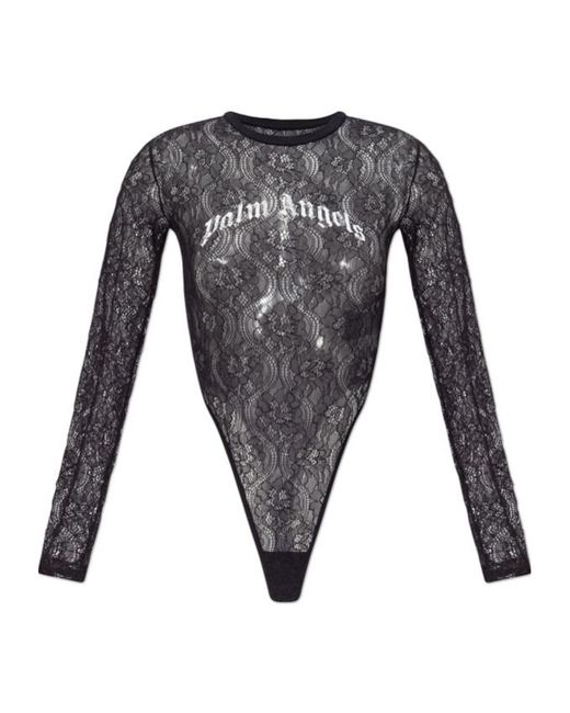 Palm Angels Gray Logo Printed Lace Bodysuit