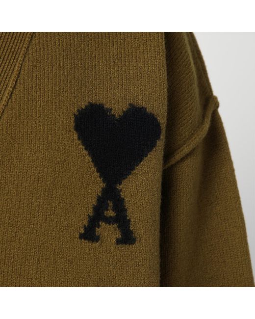 AMI Green Ami De Coeur Logo Intarsia-Knit Buttoned Cardigan for men
