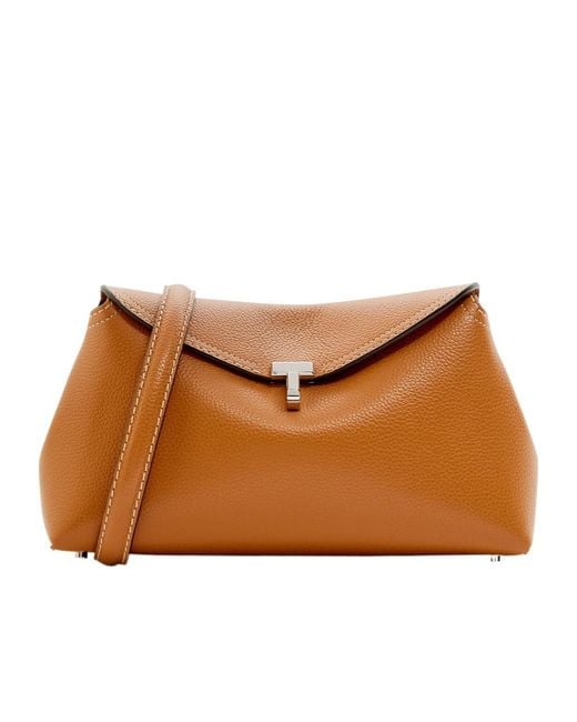 Totême Brown T-Lock Grained Leather Clutch