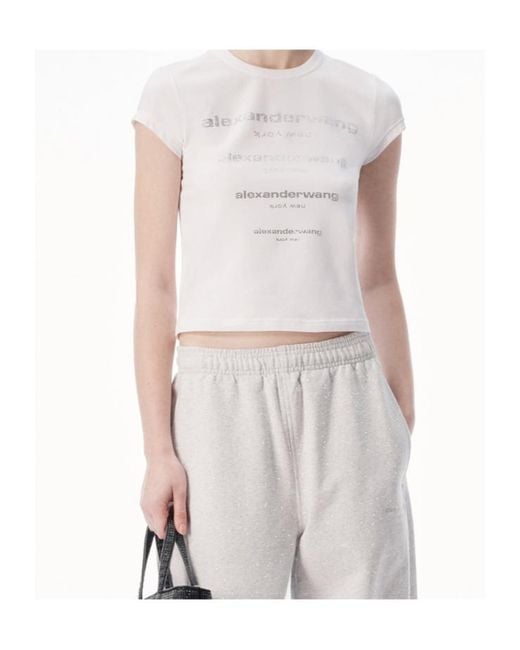 Alexander Wang White Crystal Gradient Logo Fitted Tee