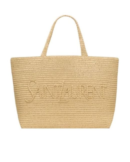 Saint Laurent Natural Large Logo Embroidered Raffia Tote Bag