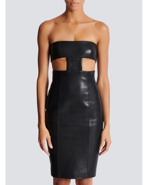 Balmain Black Strapless Lambskin Dress