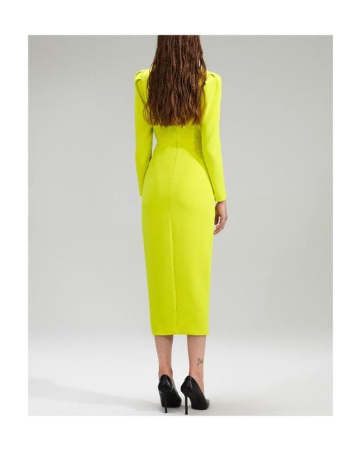 Self-Portrait Yellow Lime Crepe Ruched Midi Dress