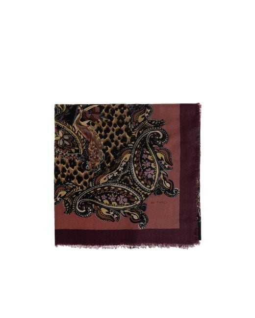 Etro Purple Wool, Cashmere And Silk Shawl With Animal And Paisley Motif