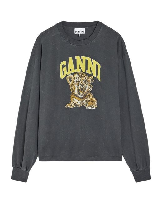 Ganni Gray Printed Long-Sleeve Cotton T-Shirt