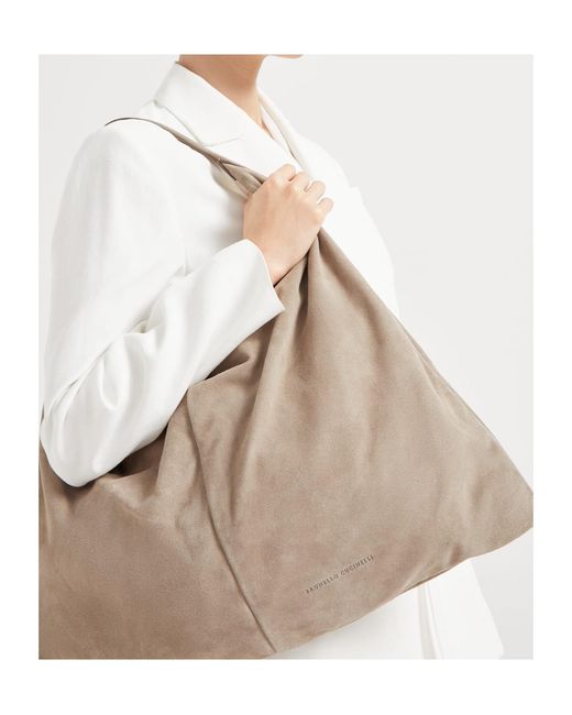 Brunello Cucinelli Natural Logo Embossed Shoulder Bag