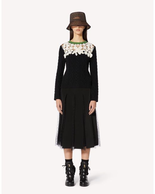 RED Valentino Black Lace-Insert Cable-Knit Jumper