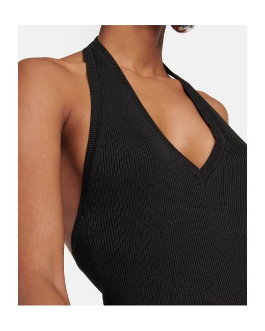 Nili Lotan Black Ivey Ribbed-Knit Halterneck Silk Top