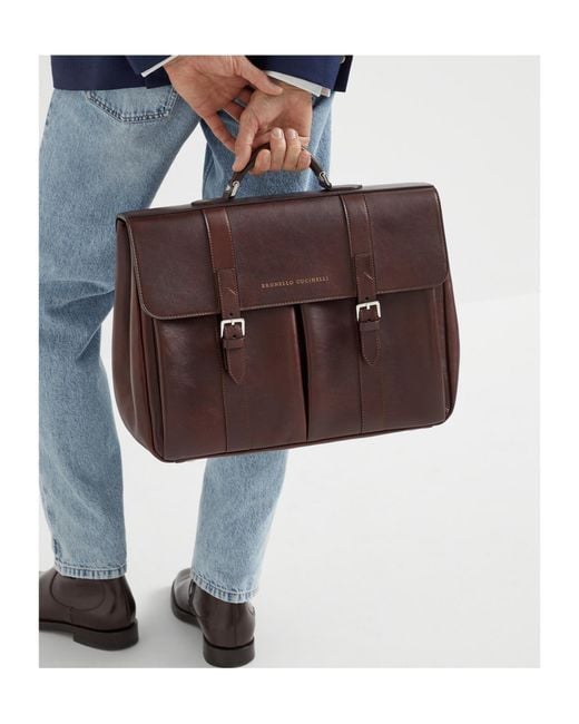 Brunello Cucinelli Brown Double-Buckle Leather Briefcase for men
