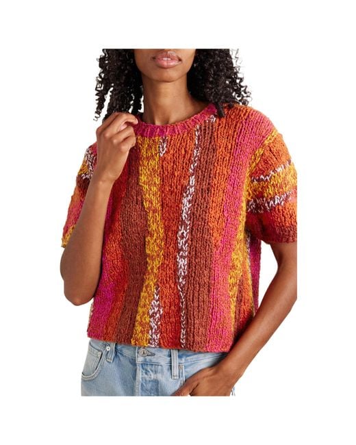 The Elder Statesman Red Striped Organic Cotton-Bouclé T-Shirt