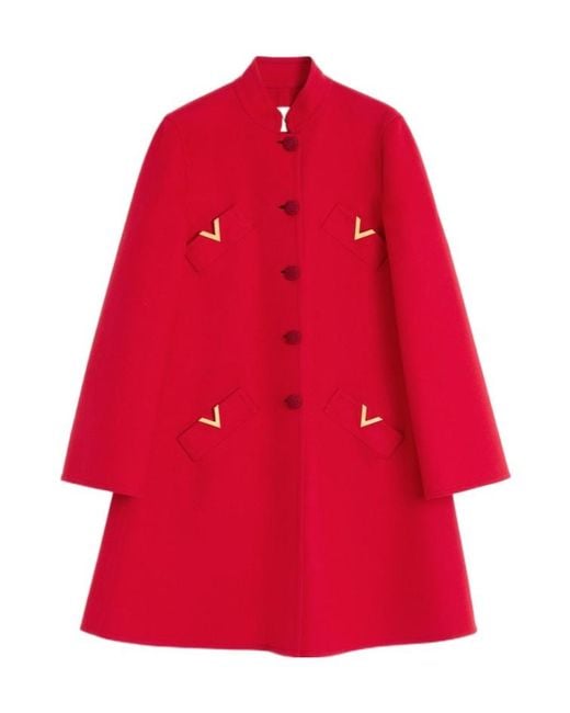 Valentino Red Button-Up A-Line Hem Coat