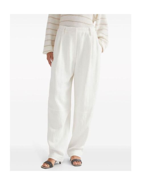 Brunello Cucinelli White Pintuck Detailed Straight Leg Trousers
