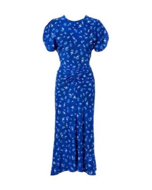 Victoria Beckham Blue Bela Floral Gathered Silk Midi Dress