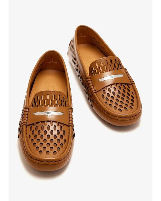 Tod's Brown Logo Engraved Perforated Loafers