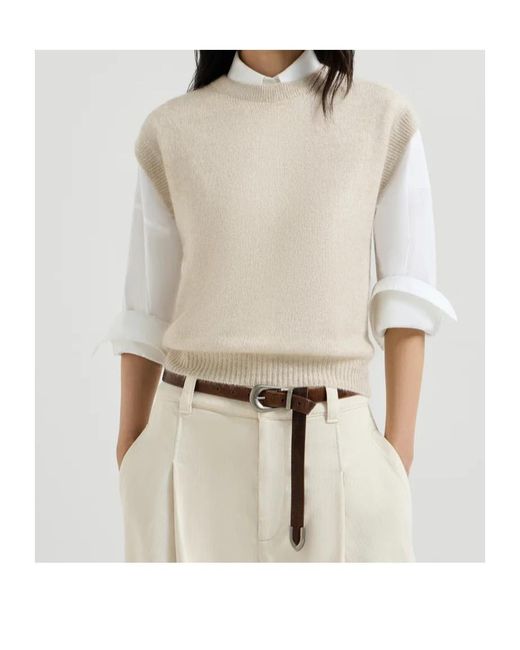 Brunello Cucinelli White Sparkling Mohair And Wool Knit T-Shirt With Monili