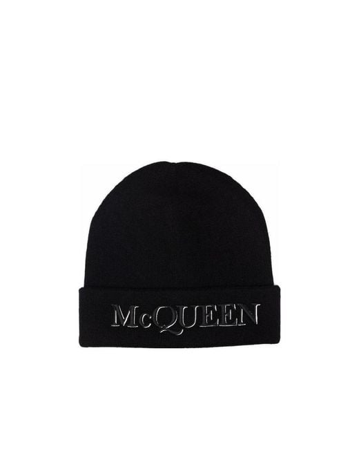 McQueen Black Logo Embroidered Beanie for men