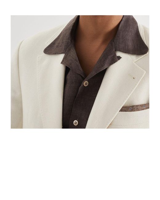 Brunello Cucinelli White Textured Striped Diagonal Deconstructed Blazer for men