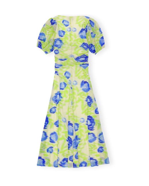 Ganni White Printed Mesh Puff Sleeved Midi Dress
