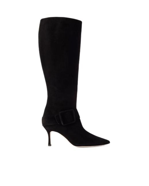 Manolo Blahnik Black Buckle-Embellished Suede Knee Boots