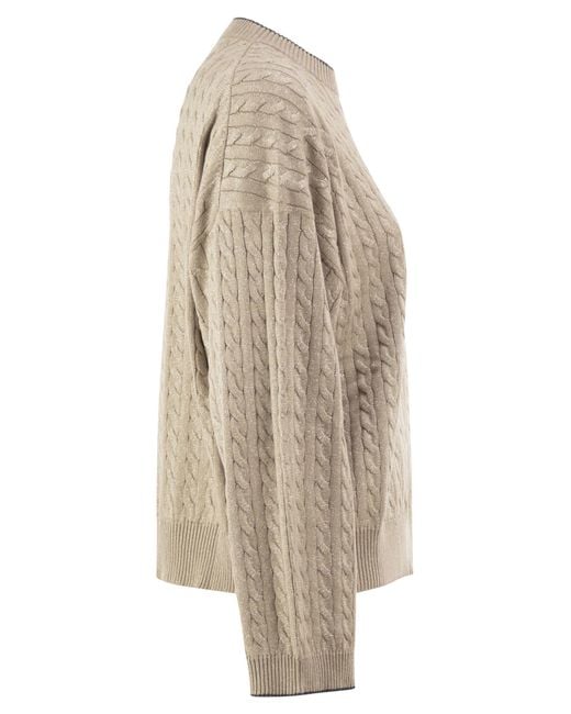 Brunello Cucinelli Brown Cable-Knit Crew Neck Jumper With Shimmering Yarn