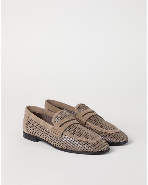 Brunello Cucinelli Brown Net Detailed Slip-On Loafers