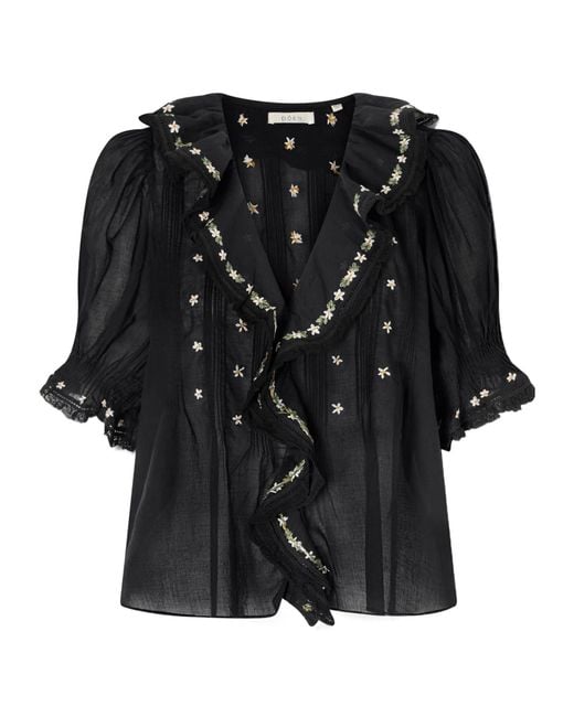 Doen Black Hettie Floral-Embroidered Ruffled Blouse