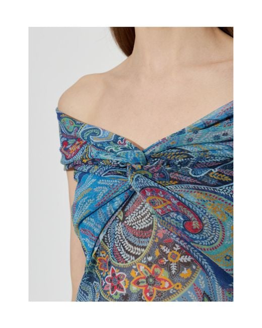 Etro Blue Draped Off-Shoulder Top