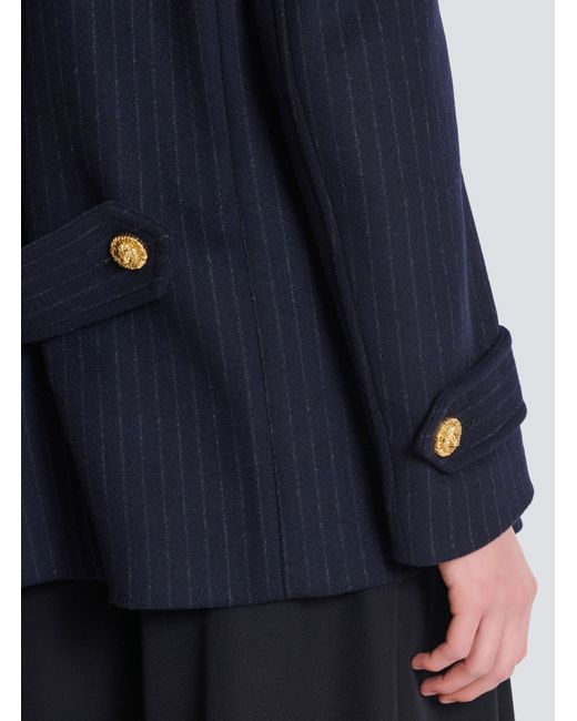 Balmain Blue Merino Wool-Blend Stripe Pea Coat for men