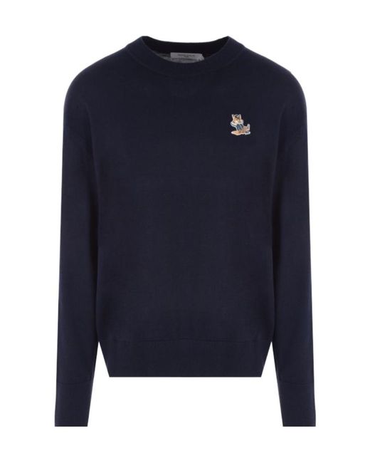 Maison Kitsuné Blue Embroidered Fox-Patch Longlsleeved Sweater for men