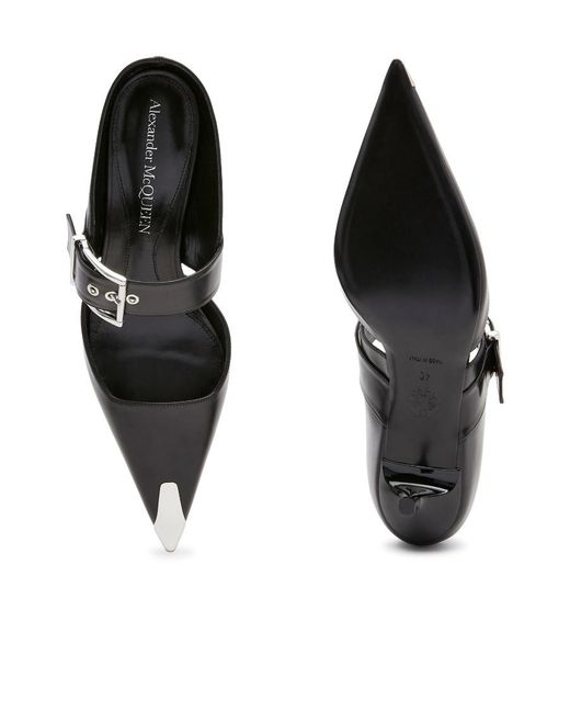 McQueen Black Punk Buckle Pointed Toe Mules