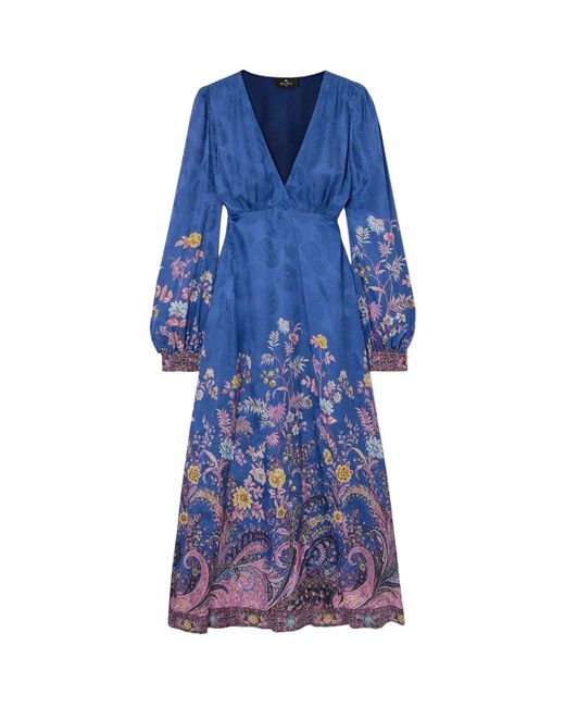 Etro Blue Printed V-Neck Pleated Dress