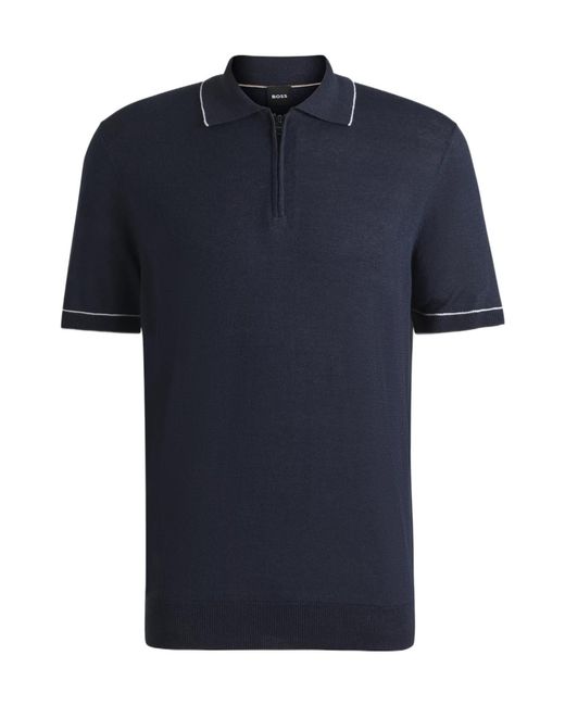 Boss Blue Half-Zip Linen Polo Shirt for men