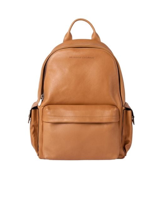 Brunello Cucinelli Brown Logo-Printed Zipped Backpack for men