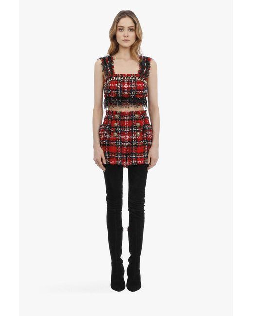 Balmain Red Frayed Check Tweed Shorts