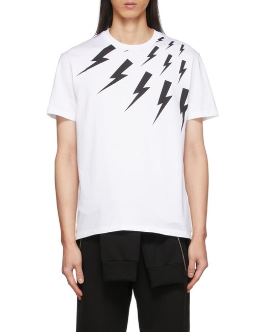 Neil Barrett White Thunderbolt-Print Cotton T-Shirt for men