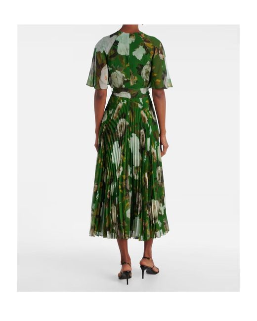 Erdem Green Floral Pleated Midi Dress