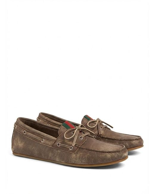 Gucci Brown Distressed Boat Shoes for men