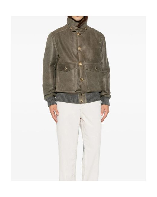 Brunello Cucinelli Brown Shearling-Trim Button-Up Jacket for men
