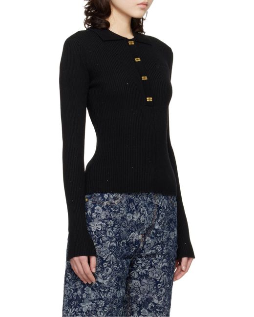 Ganni Black E Long-Sleeved Knitted Polo Top