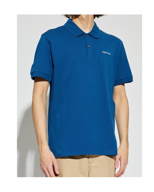 McQueen Blue Logo Embroidered Short-Sleeved Polo Shirt for men