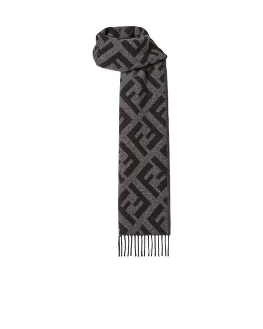 Fendi Gray Logo Jacquard Fringed Scarf for men