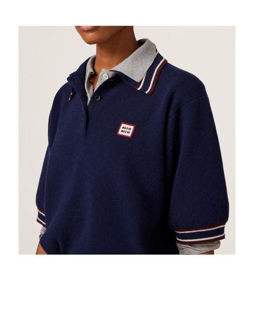 Miu Miu Blue Logo-Patch Polo Sweater