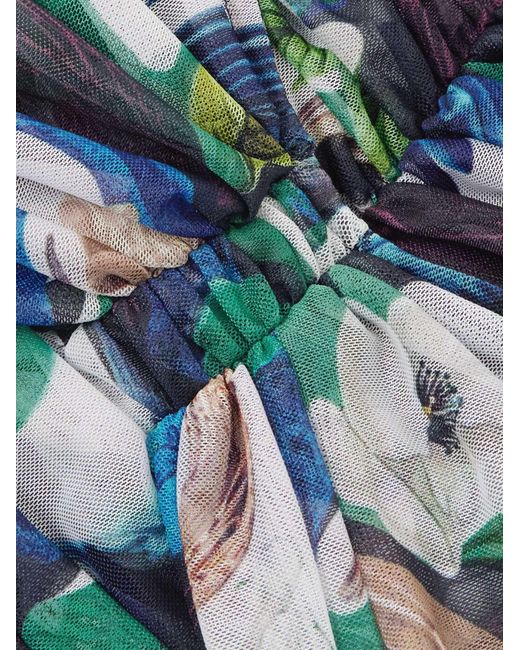 Mary Katrantzou Blue Ruched Printed Stretch-Tulle Midi Dress