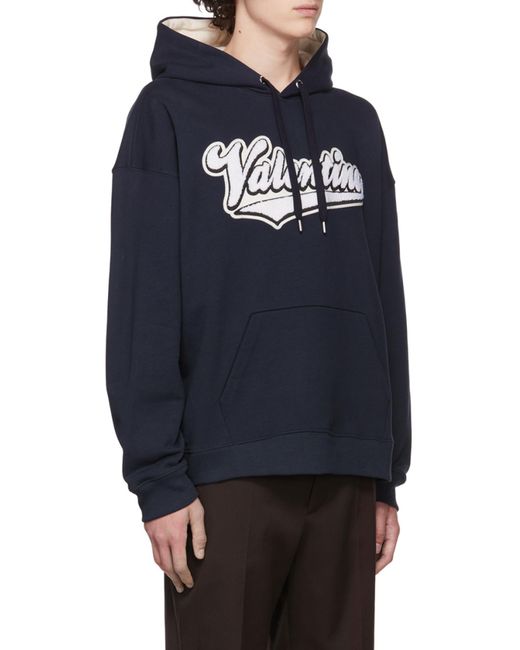 Valentino Blue Logo Flocked Drawstring Hoodie for men
